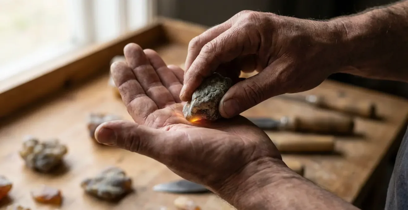 Main testant l'authenticité d'un morceau d'ambre gris par friction dans la paume