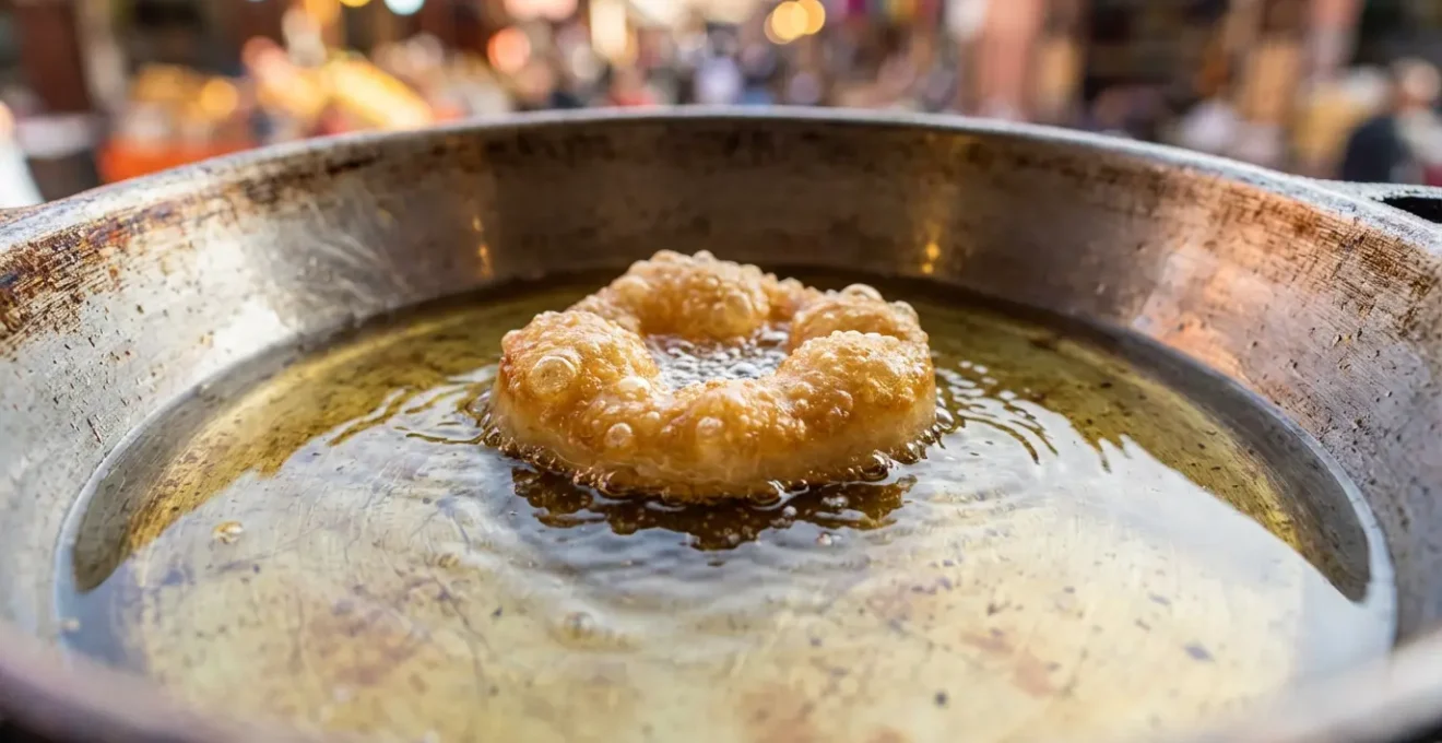 Stand de friture dans un marché maghrébin montrant l'huile dorée propre