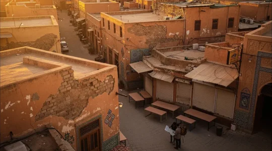 Vue aérienne des ruelles sinueuses d'une médina avec des touristes observant une carte dans un coin isolé