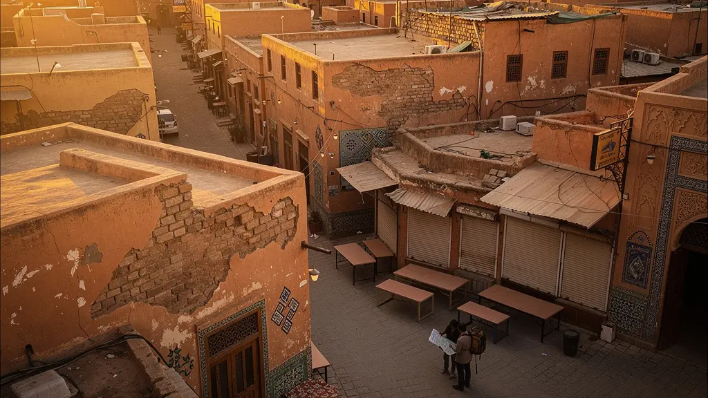 Vue aérienne des ruelles sinueuses d'une médina avec des touristes observant une carte dans un coin isolé