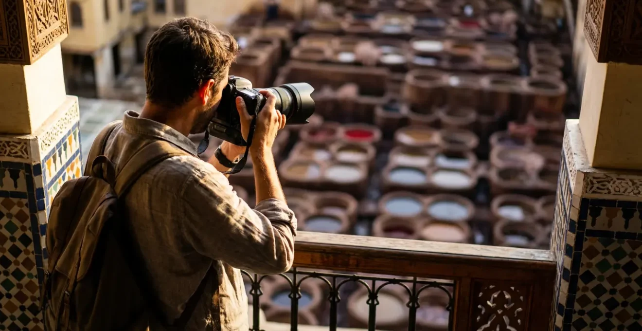 Touriste photographiant les bassins colorés depuis une terrasse surplombant la tannerie