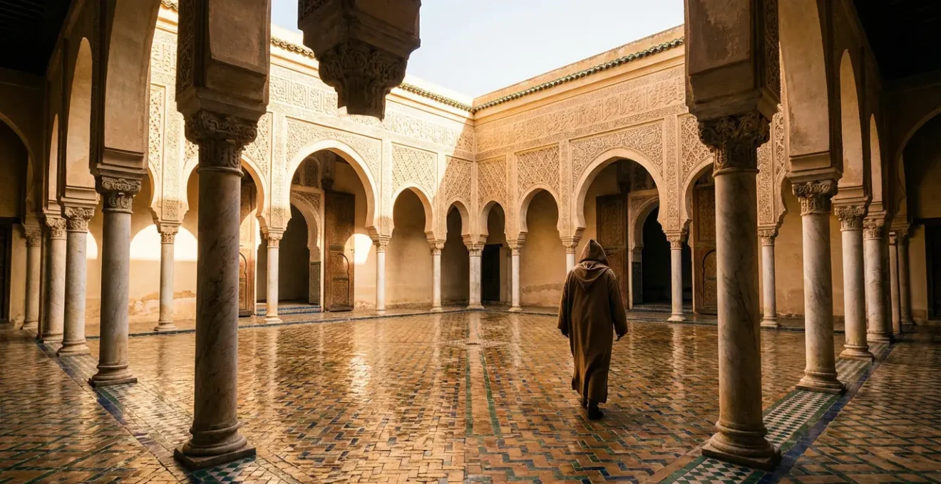 Vue architecturale de la cour intérieure de l'université Al Quaraouiyine à Fès avec ses arches et colonnes ornementées
