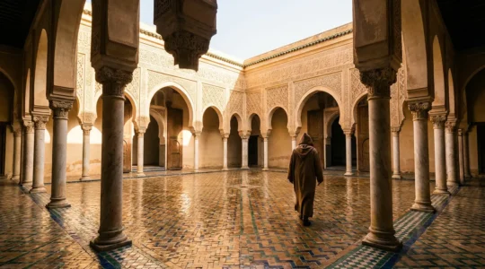 Vue architecturale de la cour intérieure de l'université Al Quaraouiyine à Fès avec ses arches et colonnes ornementées