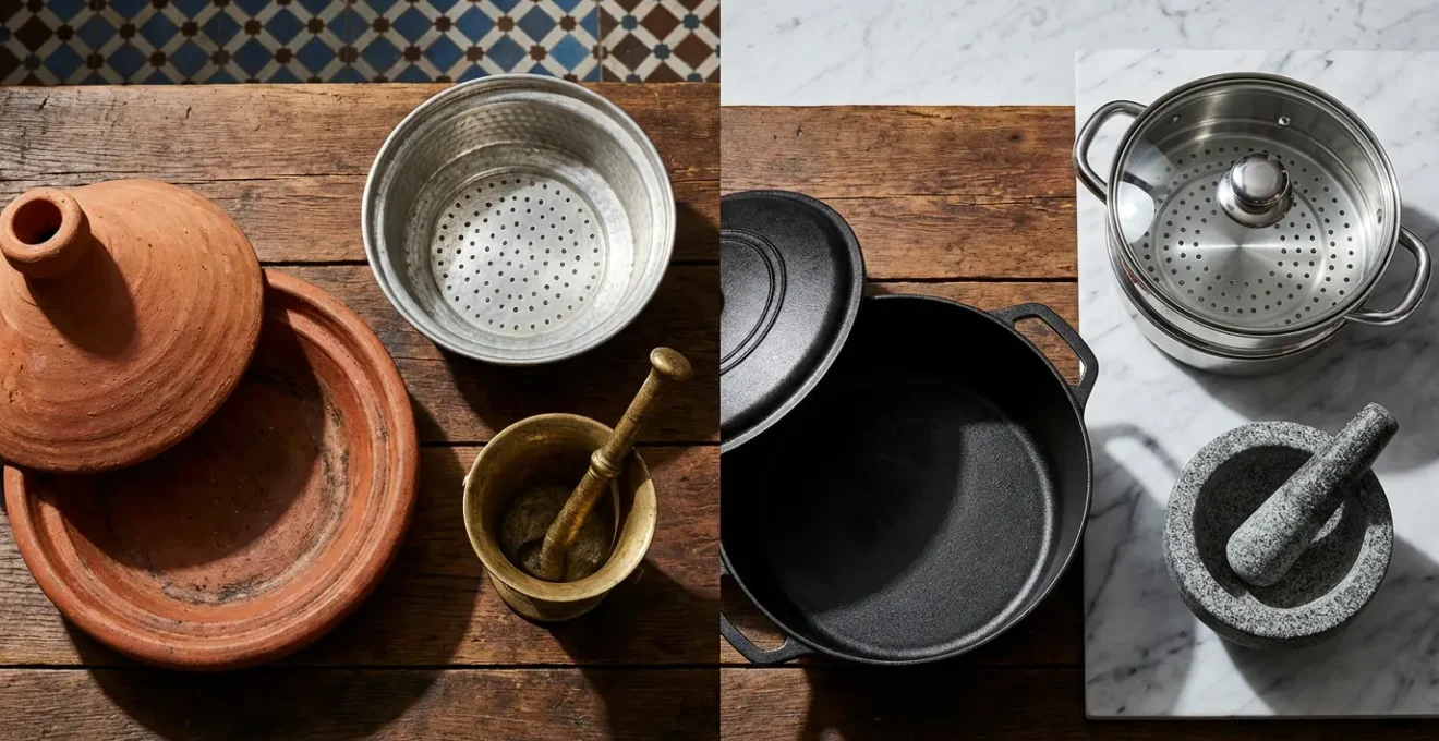 Comparaison d'ustensiles traditionnels comme le tajine en terre cuite et d'équivalents modernes comme la cocotte en fonte.