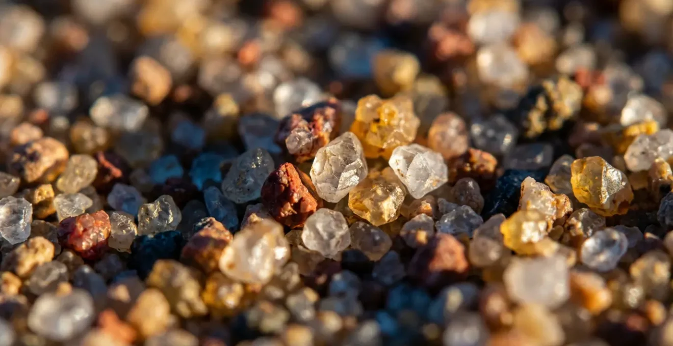 Gros plan macro sur les grains de sable multicolores éclairés par différentes lumières