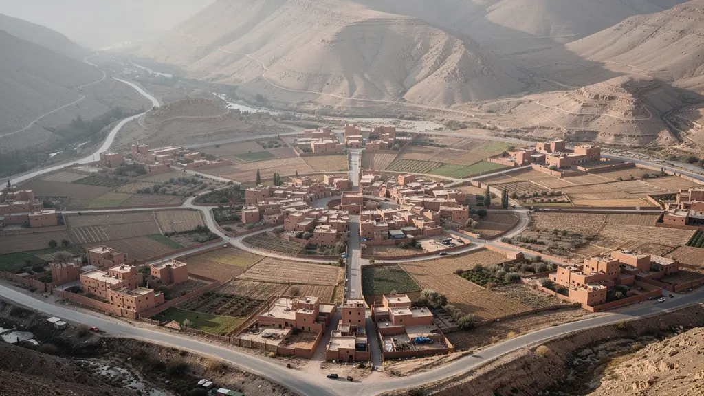 Carte illustrée montrant un village principal entouré de petits villages satellites reliés par des routes