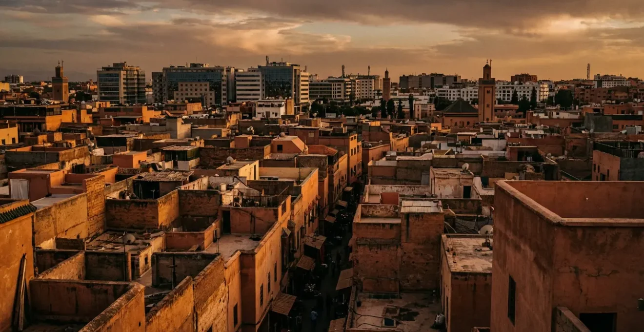 Vue panoramique d'une médina traditionnelle au crépuscule avec ses ruelles illuminées et une ville moderne en arrière-plan