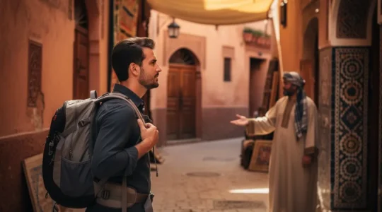 Voyageur contemplant une médina avec un guide local au loin