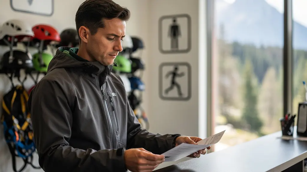 Touriste examinant attentivement des équipements de sécurité et documents de certification dans un contexte d'activité de plein air