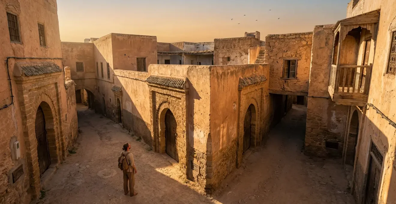 Voyageur contemplant les ruelles étroites d'une médina baignées de lumière dorée