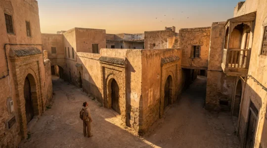 Voyageur contemplant les ruelles étroites d'une médina baignées de lumière dorée