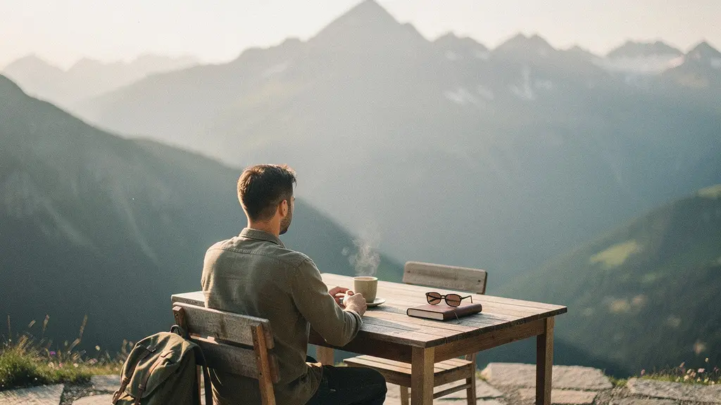 Personne détendue sur une terrasse de café avec vue montagne, livre posé, sans voiture en vue