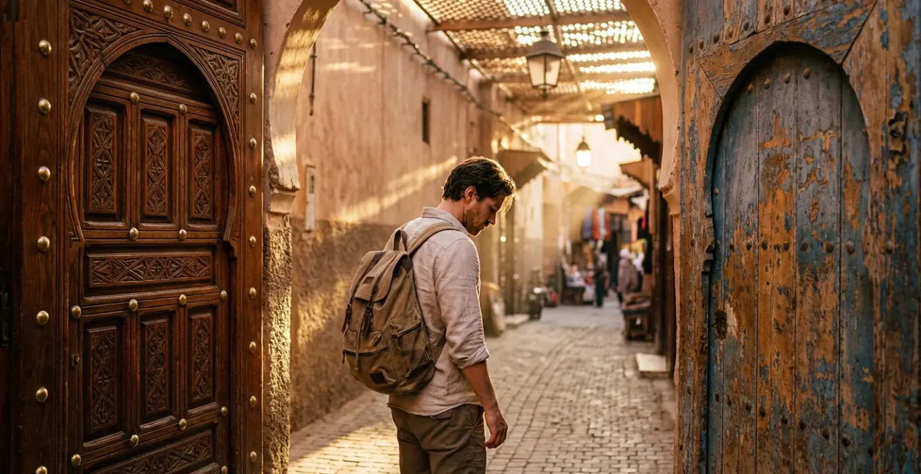 Voyageur contemplant deux portes traditionnelles marocaines, l'une ornée symbolisant un Riad luxueux, l'autre plus simple représentant un Dar authentique