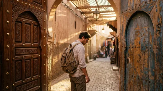 Voyageur contemplant deux portes traditionnelles marocaines, l'une ornée symbolisant un Riad luxueux, l'autre plus simple représentant un Dar authentique