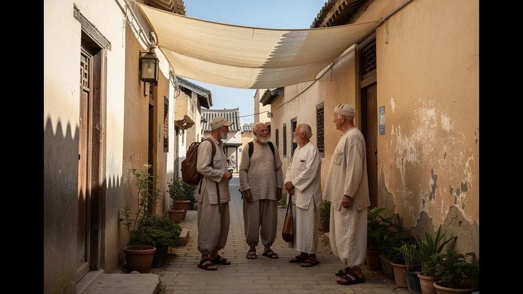 Voyageurs en tenue modeste échangeant avec des villageois dans une ruelle traditionnelle